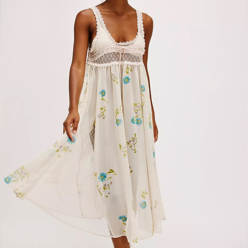 NWT FREE PEOPLE Making Moves Midi Dress Large Tea Combo Floral Lace Boho - Picture 2 of 11